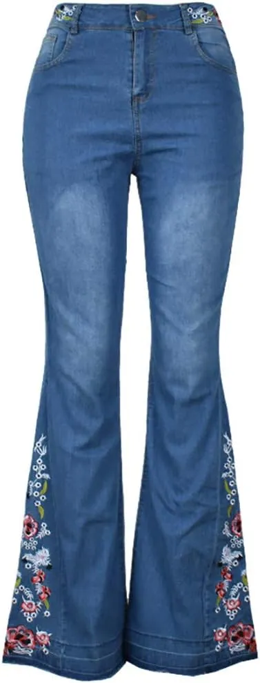 Embroidered Flared Jeans for Women High Waisted Bell Bottom Jeans Plus Size Flared Denim Pant Retro Wide Leg Jeans