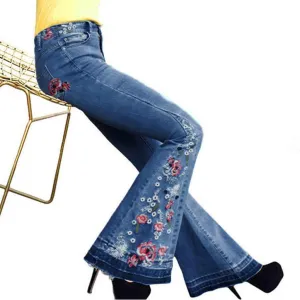 Embroidered Flared Jeans for Women High Waisted Bell Bottom Jeans Plus Size Flared Denim Pant Retro Wide Leg Jeans