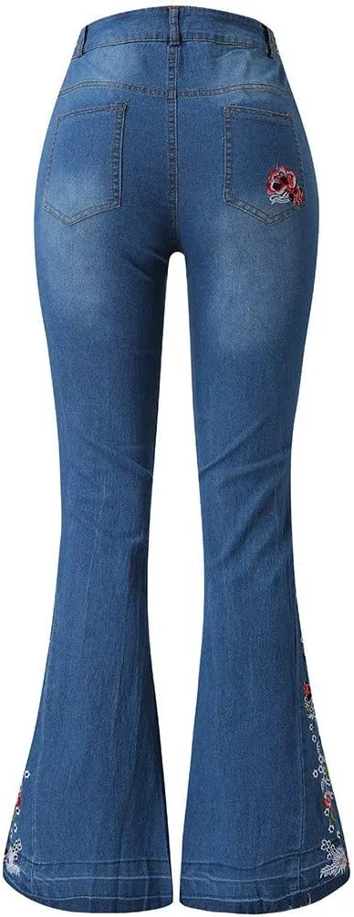 Embroidered Flared Jeans for Women High Waisted Bell Bottom Jeans Plus Size Flared Denim Pant Retro Wide Leg Jeans