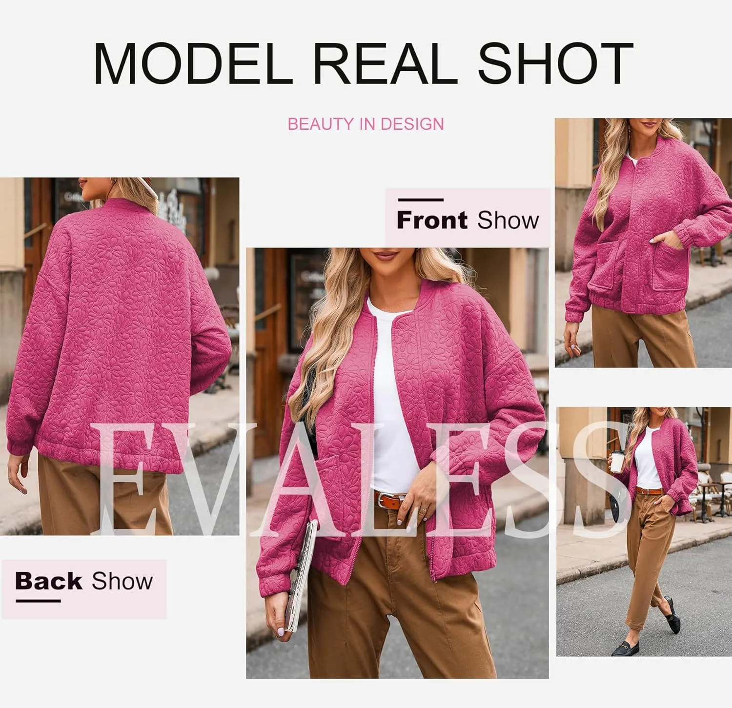 EVALESS Bomber Jackets for Women Spring Fashion 2025 Cute Jacquard Coats Lightweight Zip Up Jackets Dressy Casual