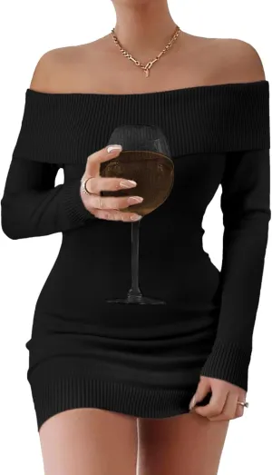 FAIRY SEASON Women's 2025 Off The Shoulder Sweater Mini Dress Long Sleeve Bodycon Cocktail Party Dresses