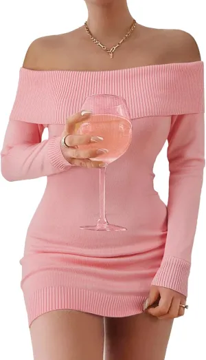 FAIRY SEASON Women's 2025 Off The Shoulder Sweater Mini Dress Long Sleeve Bodycon Cocktail Party Dresses