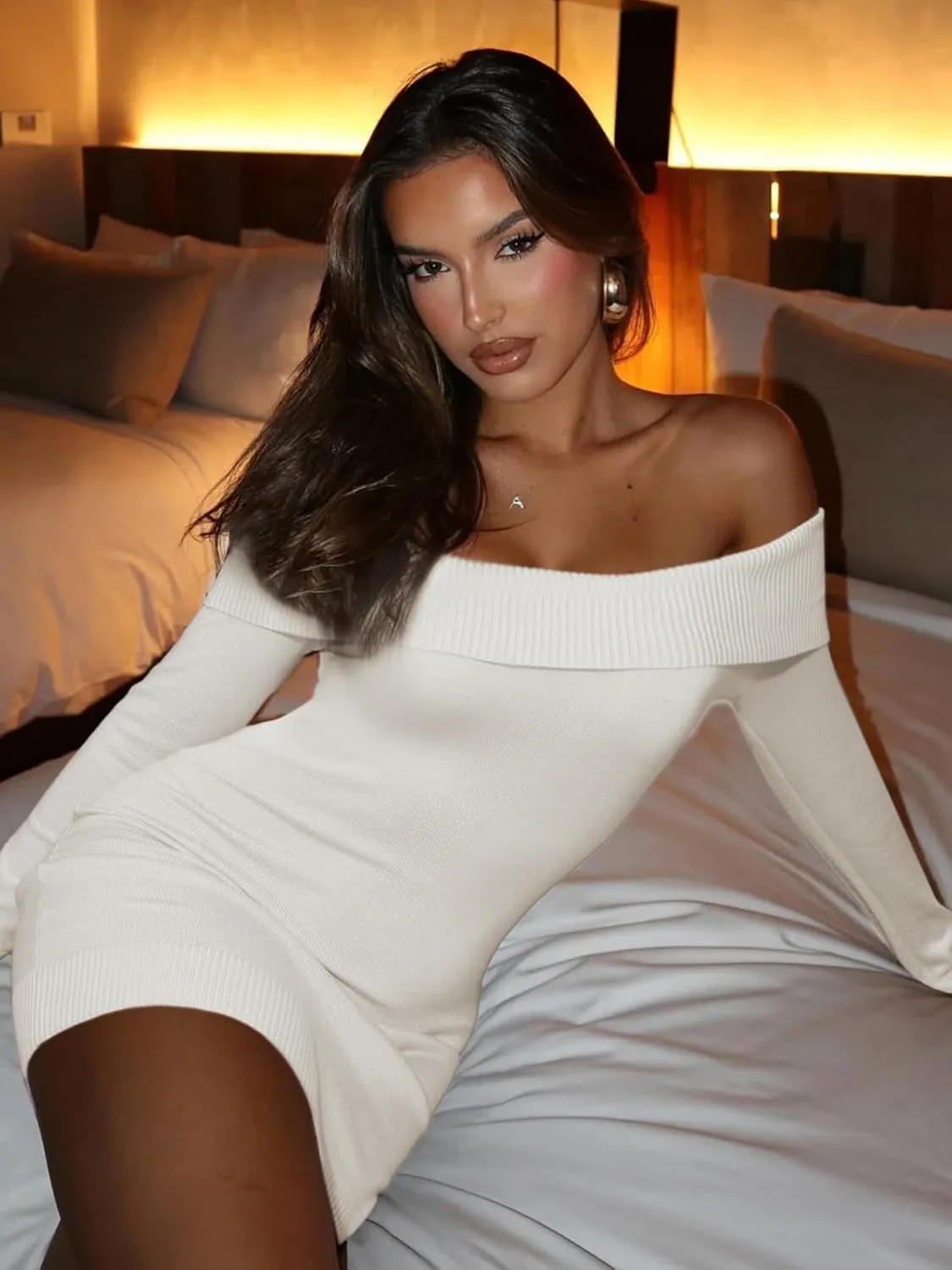 FAIRY SEASON Women's 2025 Off The Shoulder Sweater Mini Dress Long Sleeve Bodycon Cocktail Party Dresses