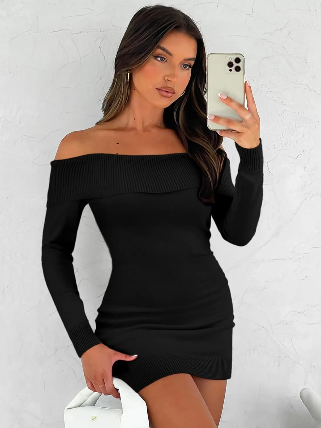 FAIRY SEASON Women's 2025 Off The Shoulder Sweater Mini Dress Long Sleeve Bodycon Cocktail Party Dresses
