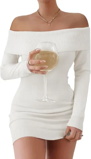 FAIRY SEASON Women's 2025 Off The Shoulder Sweater Mini Dress Long Sleeve Bodycon Cocktail Party Dresses