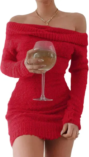 FAIRY SEASON Women's 2025 Off The Shoulder Sweater Mini Dress Long Sleeve Ribbed Bodycon Pullover Cute Short Dresses