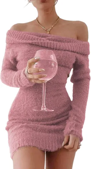 FAIRY SEASON Women's 2025 Off The Shoulder Sweater Mini Dress Long Sleeve Ribbed Bodycon Pullover Cute Short Dresses