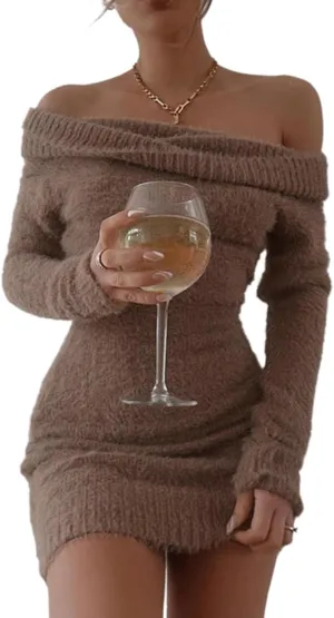 FAIRY SEASON Women's 2025 Off The Shoulder Sweater Mini Dress Long Sleeve Ribbed Bodycon Pullover Cute Short Dresses