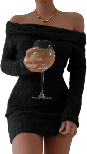 FAIRY SEASON Women's 2025 Off The Shoulder Sweater Mini Dress Long Sleeve Ribbed Bodycon Pullover Cute Short Dresses