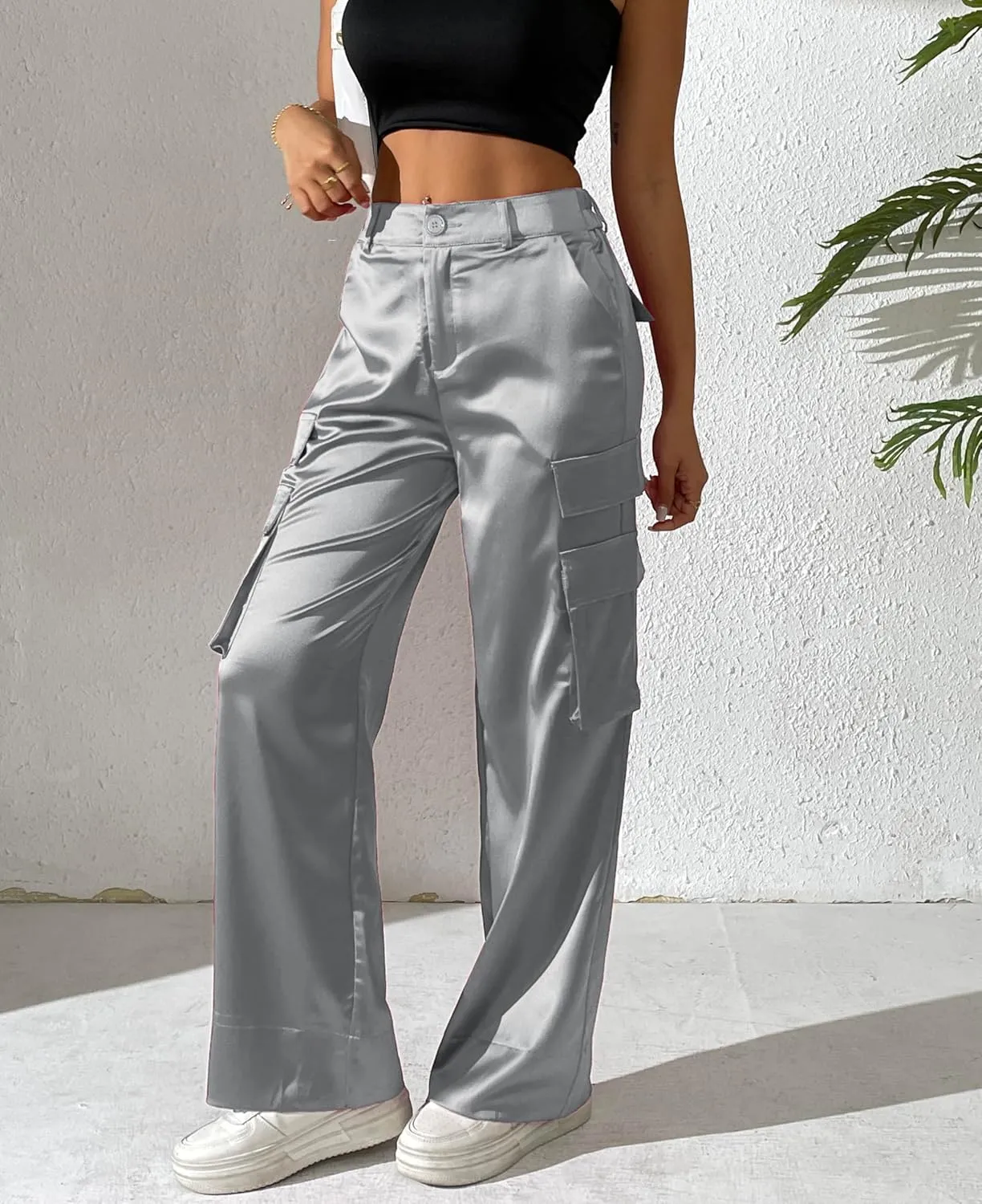Fakanhui Women's Cargo Pants Baggy Satin Casual High Waisted Gold Silver Party Club Streetwear Trouser