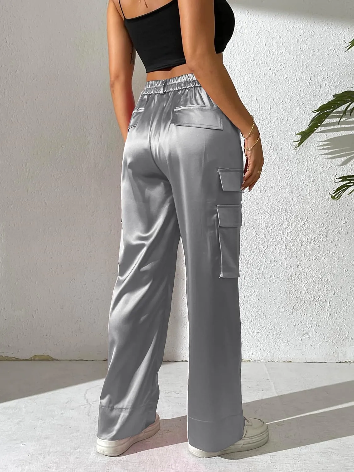 Fakanhui Women's Cargo Pants Baggy Satin Casual High Waisted Gold Silver Party Club Streetwear Trouser