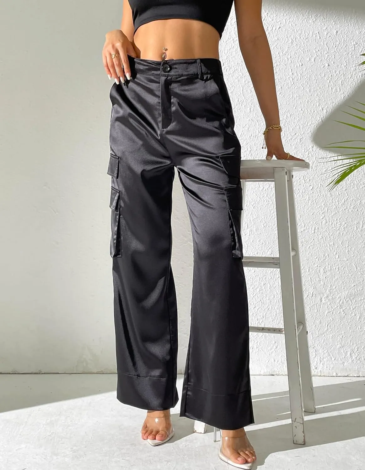 Fakanhui Women's Cargo Pants Baggy Satin Casual High Waisted Gold Silver Party Club Streetwear Trouser