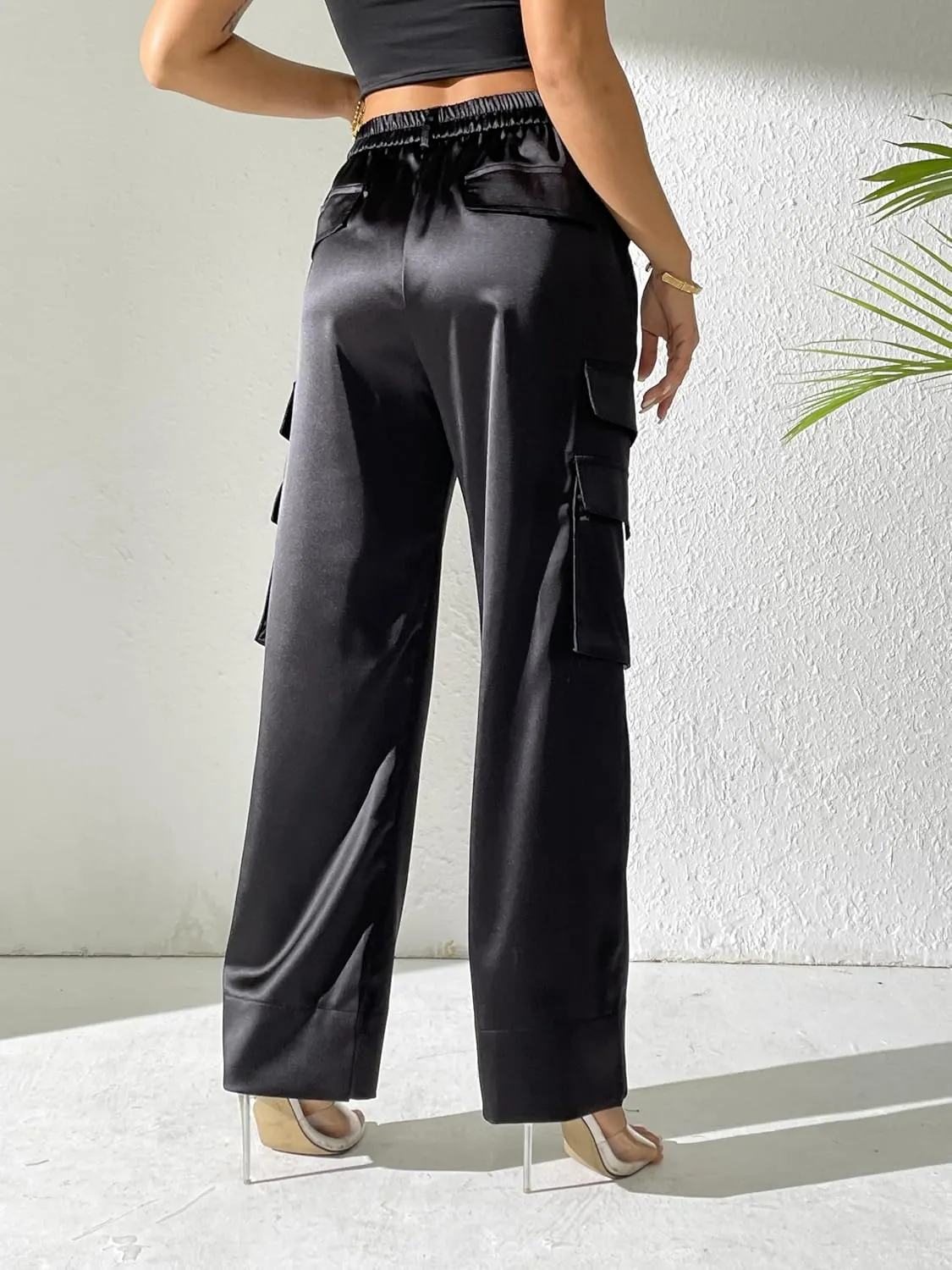 Fakanhui Women's Cargo Pants Baggy Satin Casual High Waisted Gold Silver Party Club Streetwear Trouser