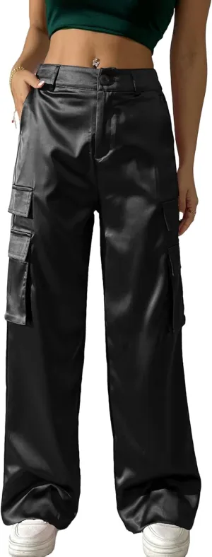 Fakanhui Women's Cargo Pants Baggy Satin Casual High Waisted Gold Silver Party Club Streetwear Trouser