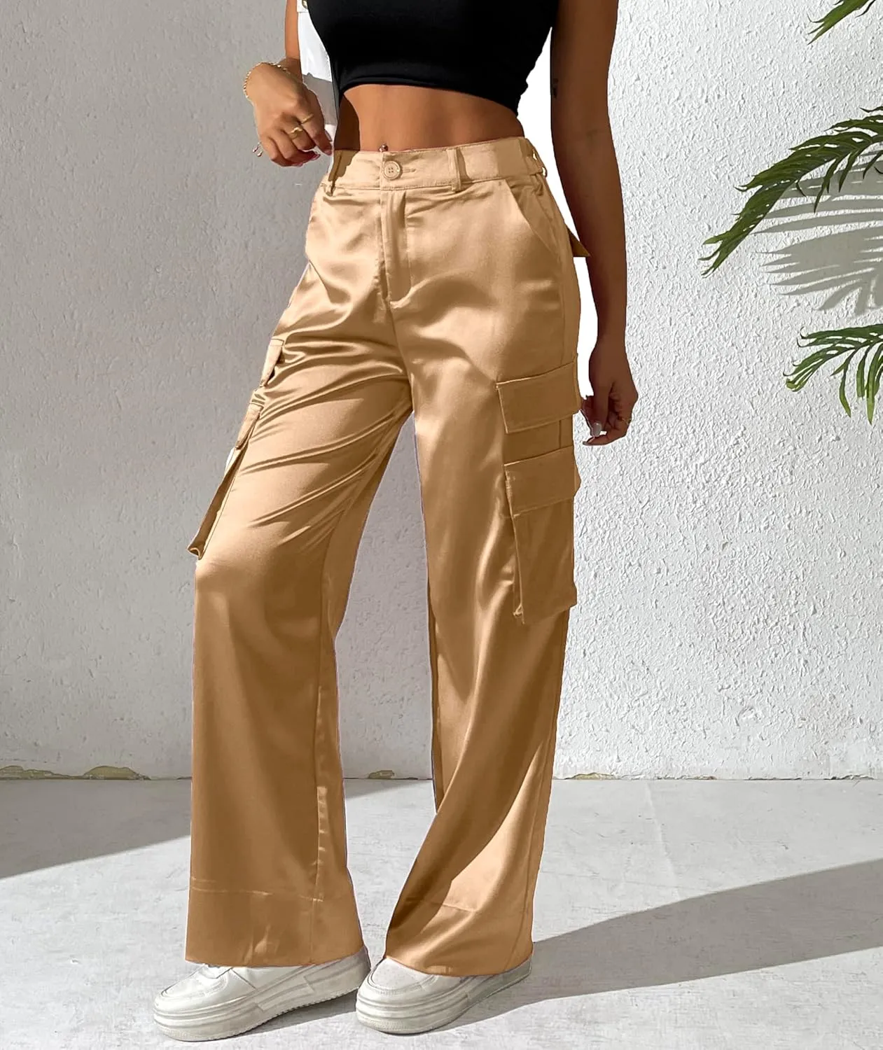 Fakanhui Women's Cargo Pants Baggy Satin Casual High Waisted Gold Silver Party Club Streetwear Trouser