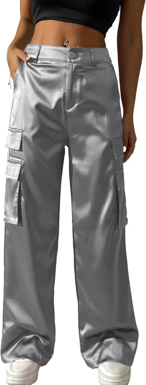 Fakanhui Women's Cargo Pants Baggy Satin Casual High Waisted Gold Silver Party Club Streetwear Trouser