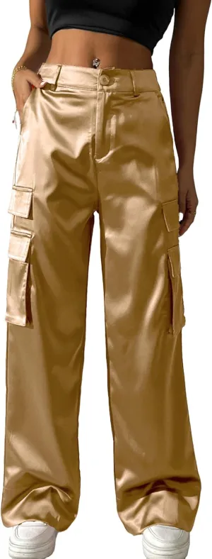 Fakanhui Women's Cargo Pants Baggy Satin Casual High Waisted Gold Silver Party Club Streetwear Trouser