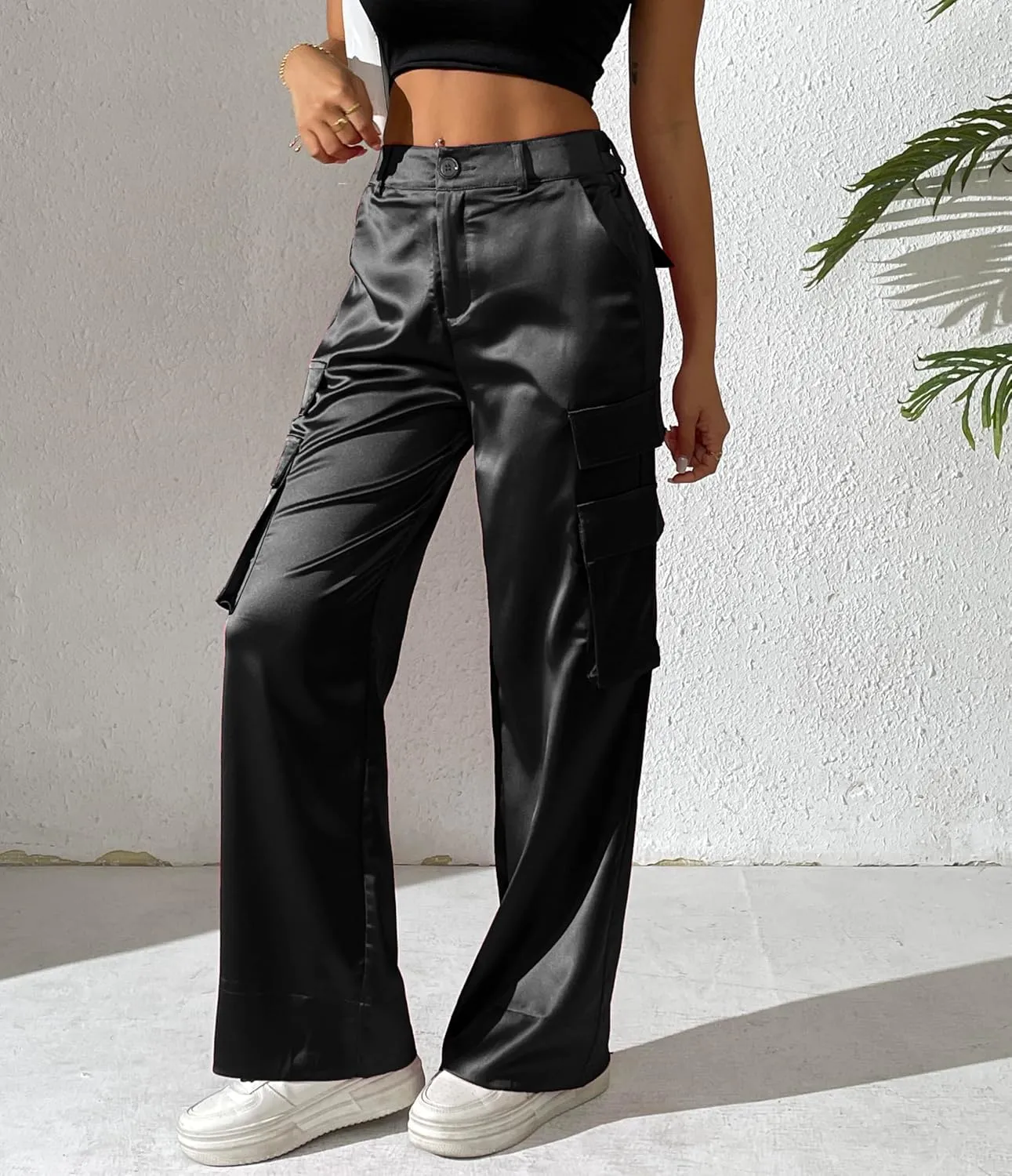 Fakanhui Women's Cargo Pants Baggy Satin Casual High Waisted Gold Silver Party Club Streetwear Trouser