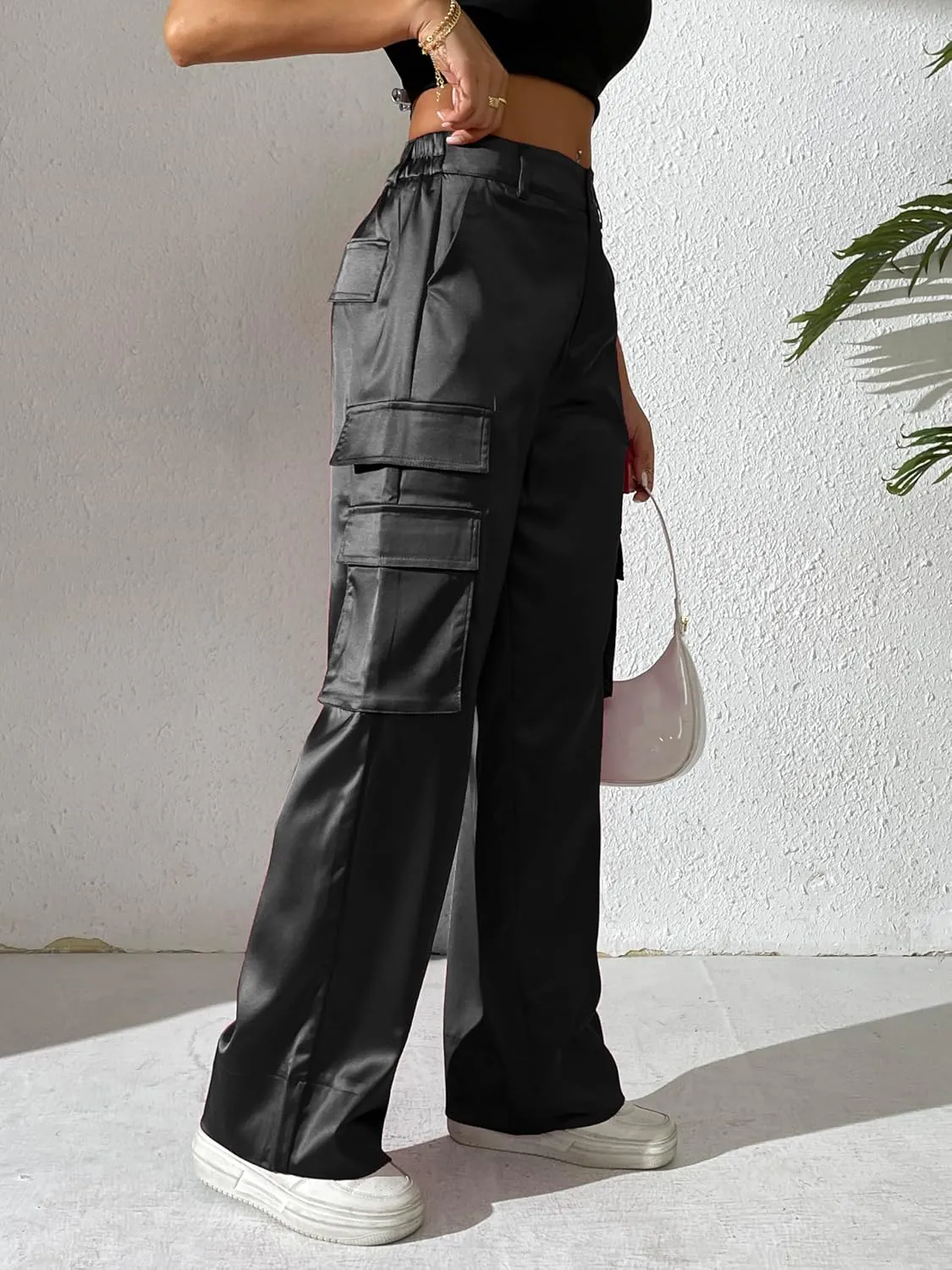 Fakanhui Women's Cargo Pants Baggy Satin Casual High Waisted Gold Silver Party Club Streetwear Trouser