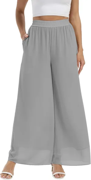 Fakanhui Women's Chiffon Wide Leg Palazzo Pants High Elastic Waist Casual Flowy Business Trousers