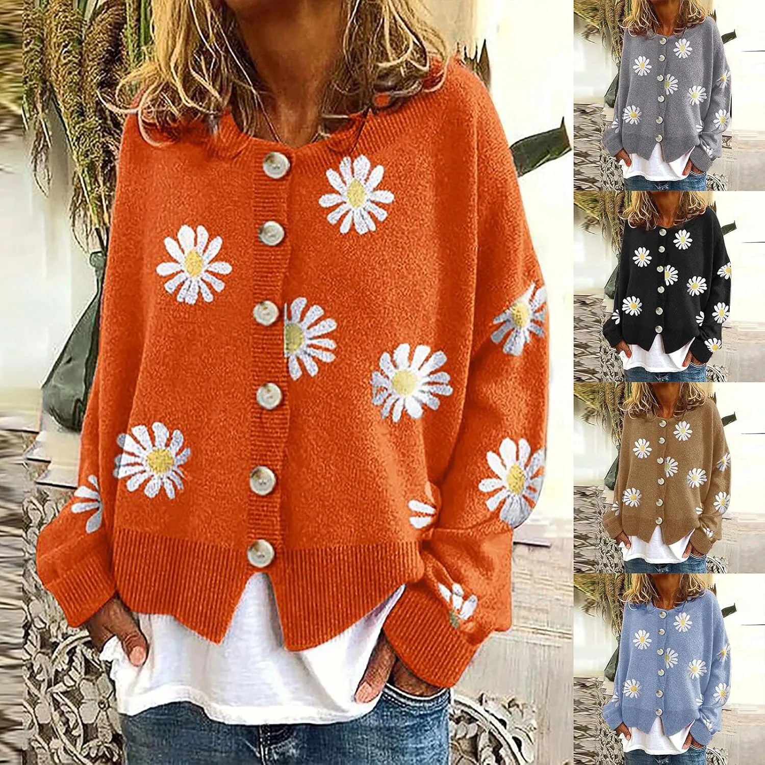 Fall Cardigan Sweaters for Women 2022,Open Front Button Down Cardigans Lantern Sleeve Daisy Graphic Sweater Outwear