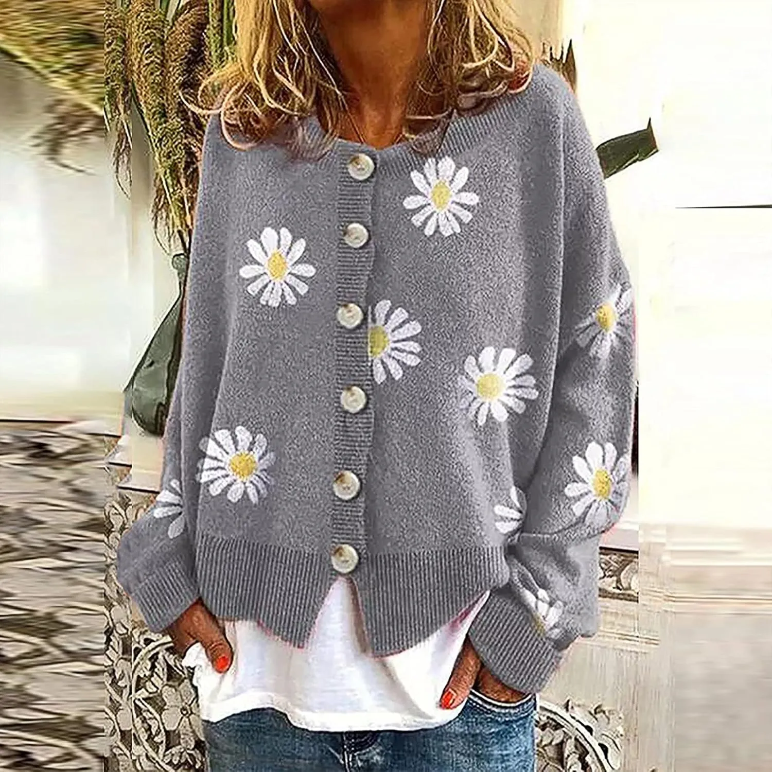 Fall Cardigan Sweaters for Women 2022,Open Front Button Down Cardigans Lantern Sleeve Daisy Graphic Sweater Outwear