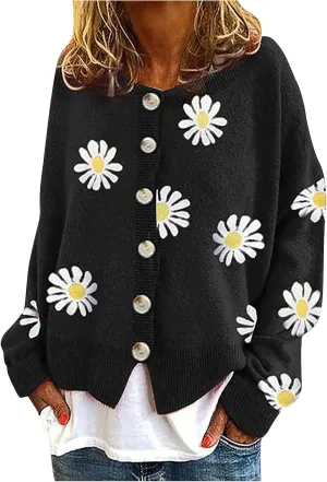 Fall Cardigan Sweaters for Women 2022,Open Front Button Down Cardigans Lantern Sleeve Daisy Graphic Sweater Outwear