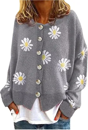 Fall Cardigan Sweaters for Women 2022,Open Front Button Down Cardigans Lantern Sleeve Daisy Graphic Sweater Outwear