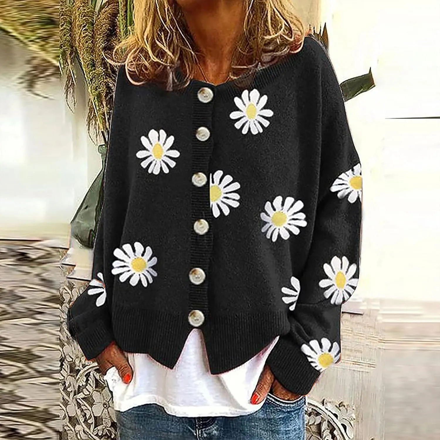 Fall Cardigan Sweaters for Women 2022,Open Front Button Down Cardigans Lantern Sleeve Daisy Graphic Sweater Outwear