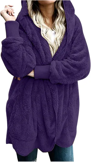 Fall Winter Cardigan Coats for Women Fuzzy Open Front Hooded Jackets Flannel Lightweight Fluffy Outerwear