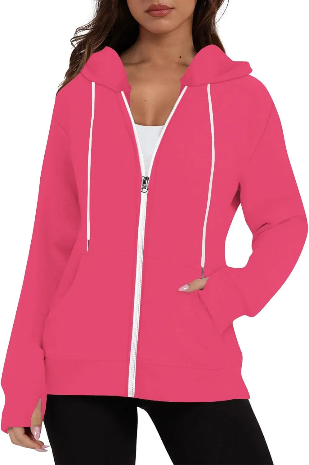 Fall Winter Hooded Jacket for Women Casual Long Sleeve Drawstring Coats with Pocket Trendy Zipper Thumb Hole Jacket