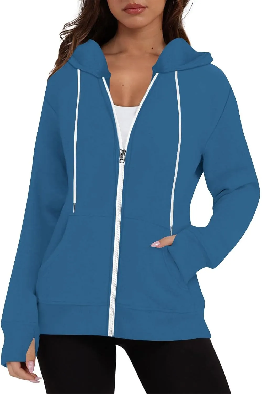 Fall Winter Hooded Jacket for Women Casual Long Sleeve Drawstring Coats with Pocket Trendy Zipper Thumb Hole Jacket