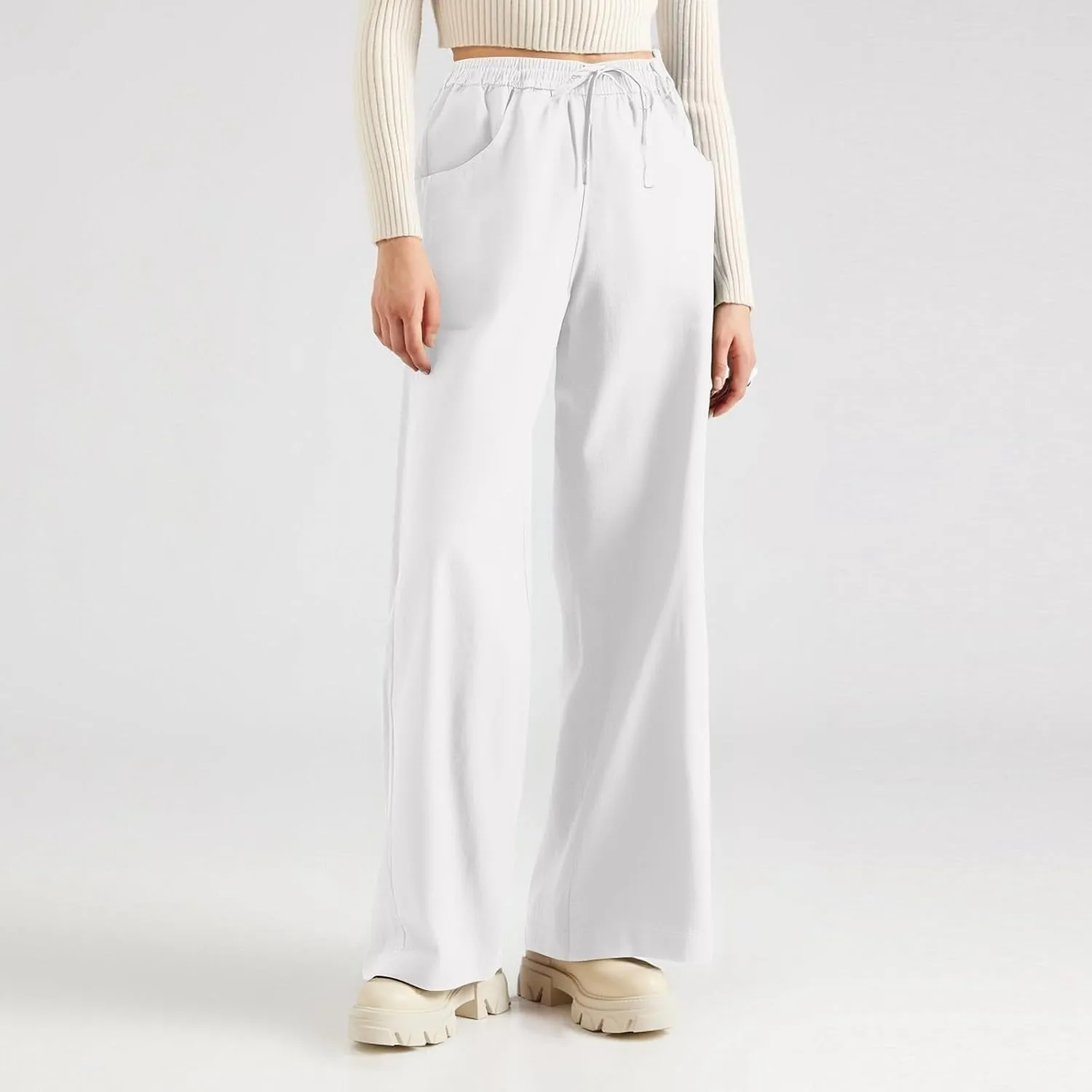 fanmpghleoo Wide Leg Linen Pants for Women Plus Size Linen Pants Women Summer Business Casual Baggy High Waisted Dress Pants