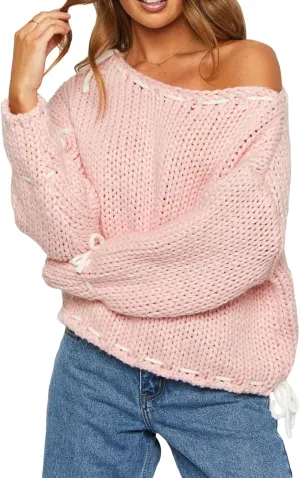Faretumiya Womens Spring Autumn Knit Sweater Long Sleeve Drawstring Loose Pullover Knitwear