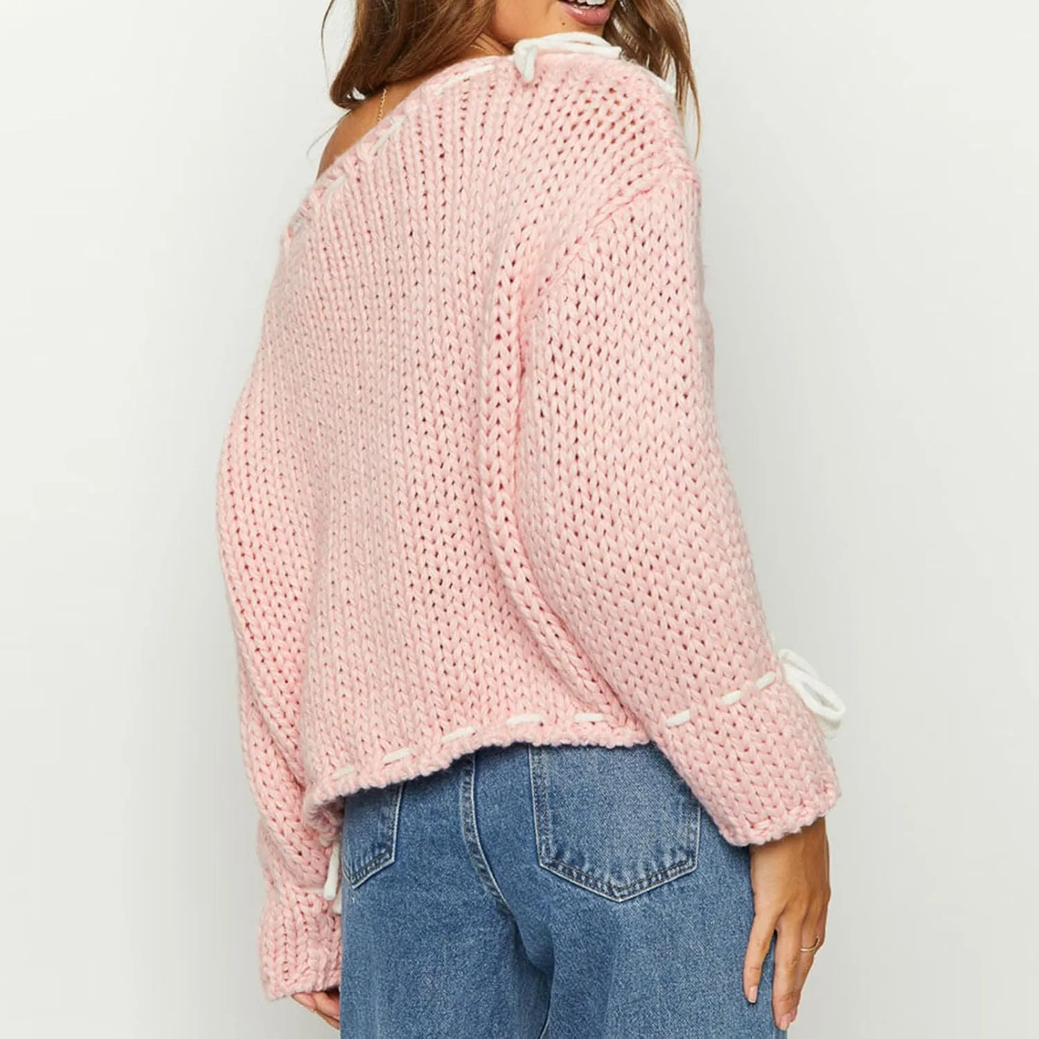Faretumiya Womens Spring Autumn Knit Sweater Long Sleeve Drawstring Loose Pullover Knitwear