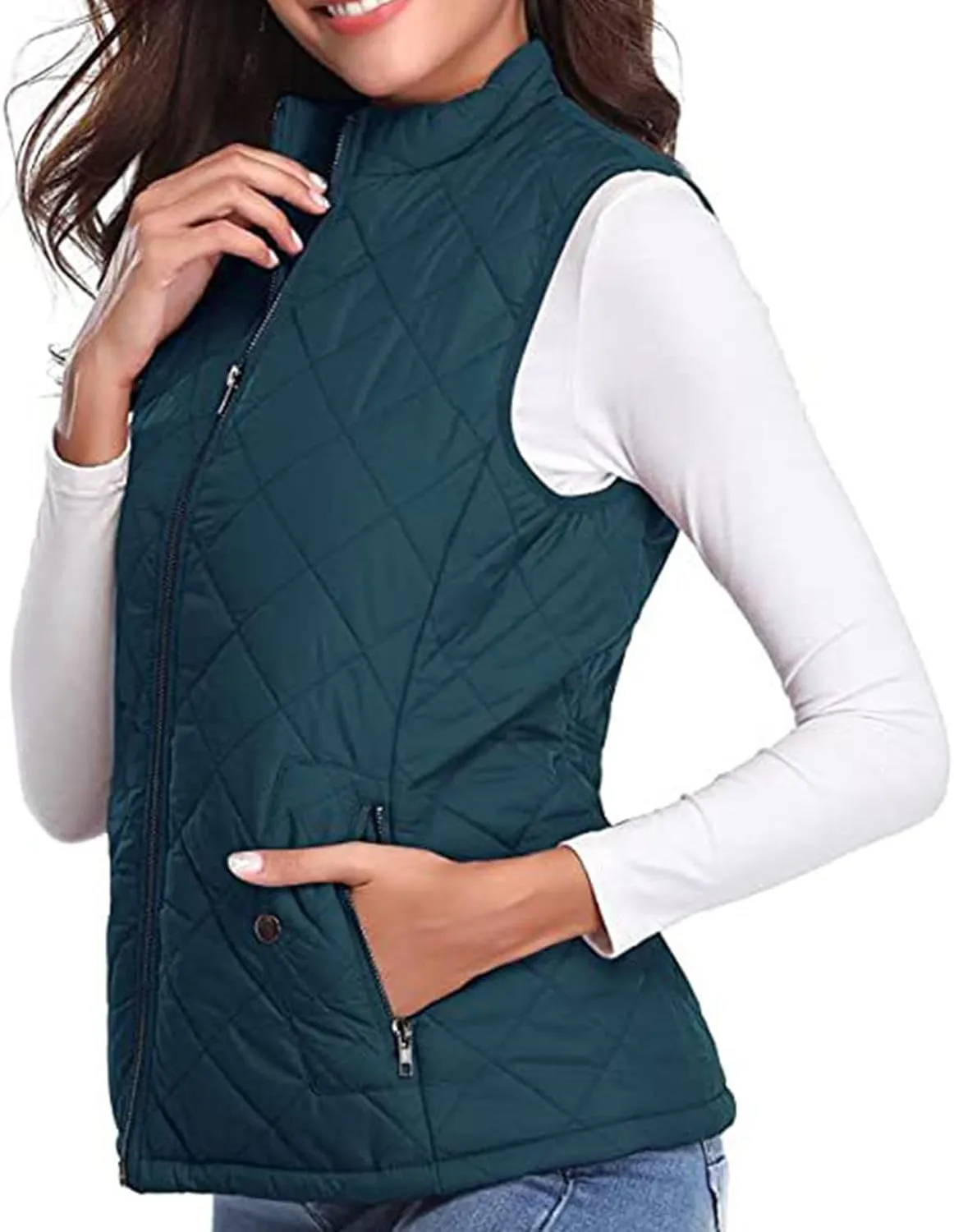 Fashion Puffer Vest Women Fall Winter Sleeveless Coats Down Cotton Waistcoat with Pockets Zip Up Quilted