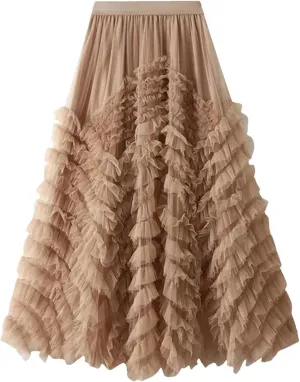 Fashionable Tiered Tulle Maxi Skirt for Women Elegant A Line High Waist Mesh Long Skirt Female