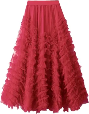 Fashionable Tiered Tulle Maxi Skirt for Women Elegant A Line High Waist Mesh Long Skirt Female