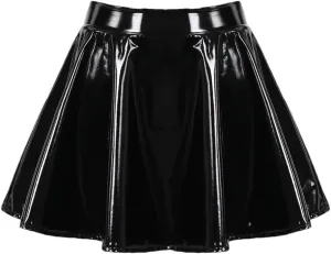 Faux Latex High Waist Mini Pleated Skirt For Women Shiny Patent Leather Wet Look Short A Line Skirt