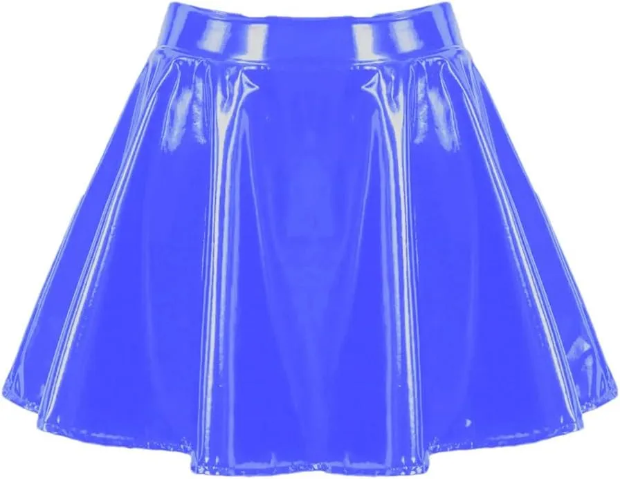 Faux Latex High Waist Mini Pleated Skirt For Women Shiny Patent Leather Wet Look Short A Line Skirt