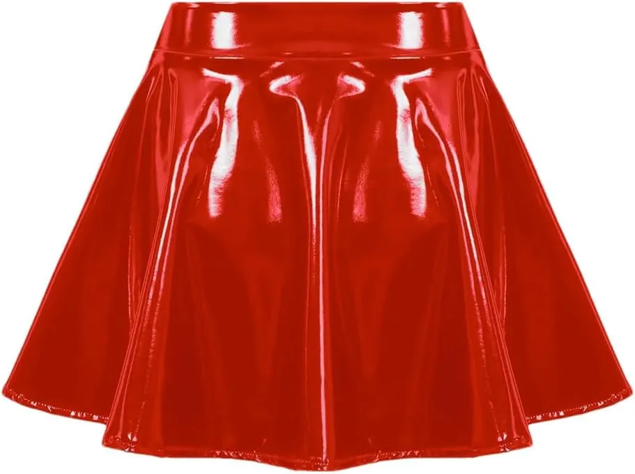 Faux Latex High Waist Mini Pleated Skirt For Women Shiny Patent Leather Wet Look Short A Line Skirt