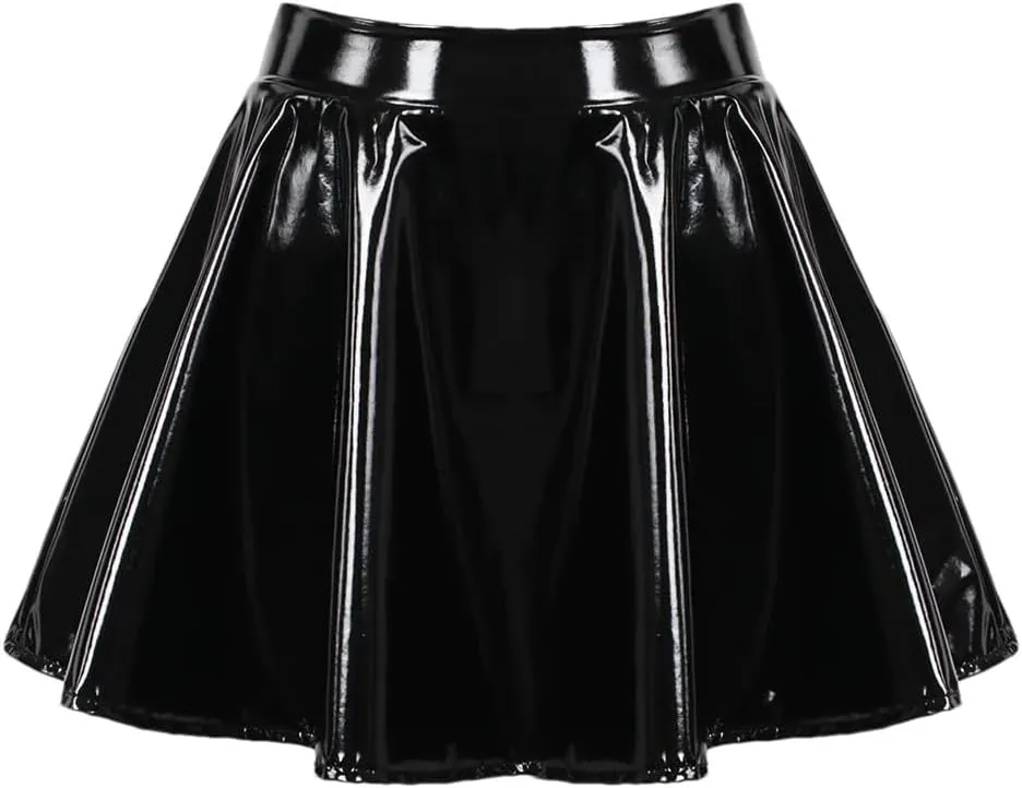 Faux Latex High Waist Mini Pleated Skirt For Women Shiny Patent Leather Wet Look Short A Line Skirt