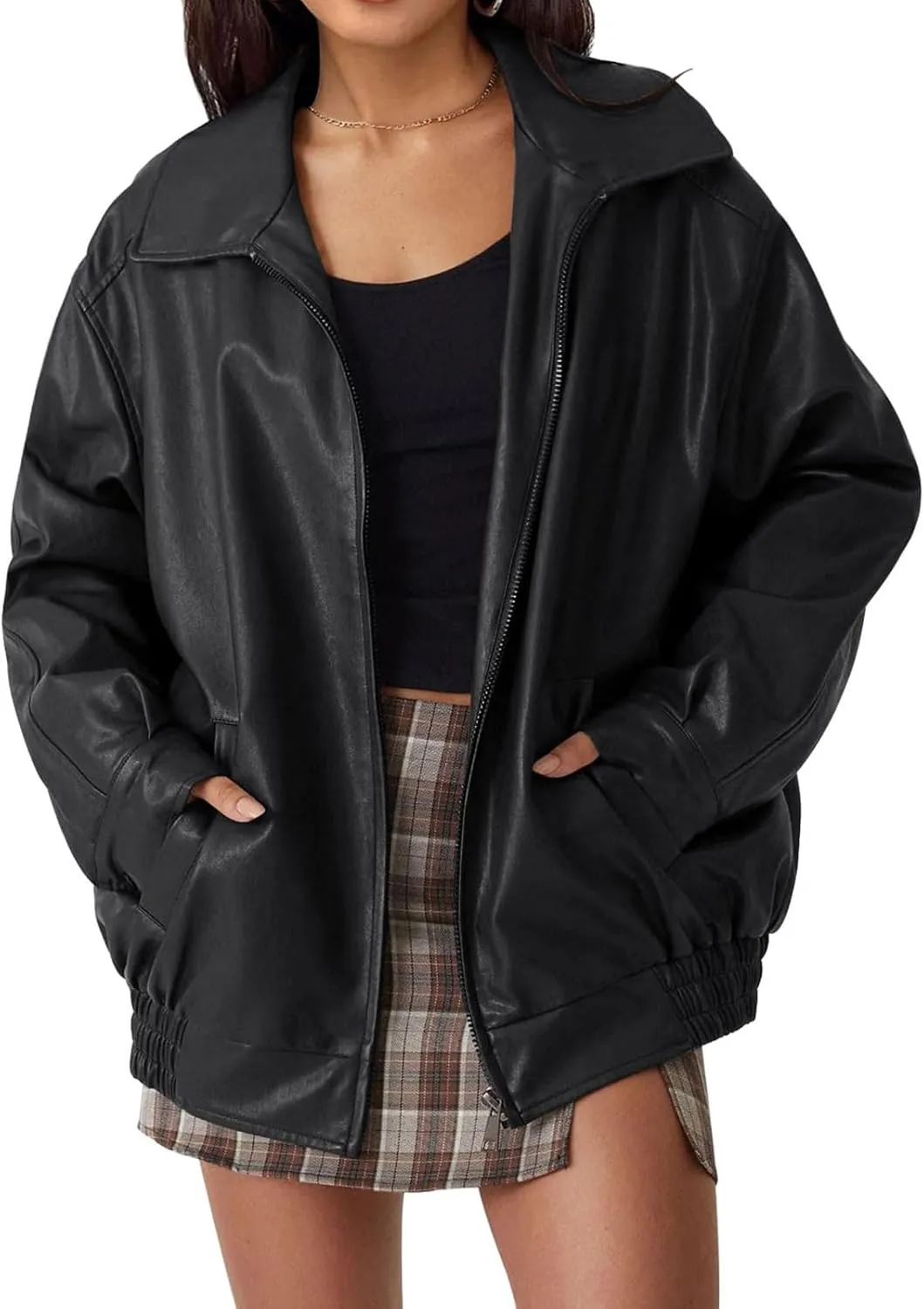 Faux Leather Jacket for Women Oversized Zipper Long Sleeve Motorcycle Bomber Jackets Moto Biker Coat Winter Outfits