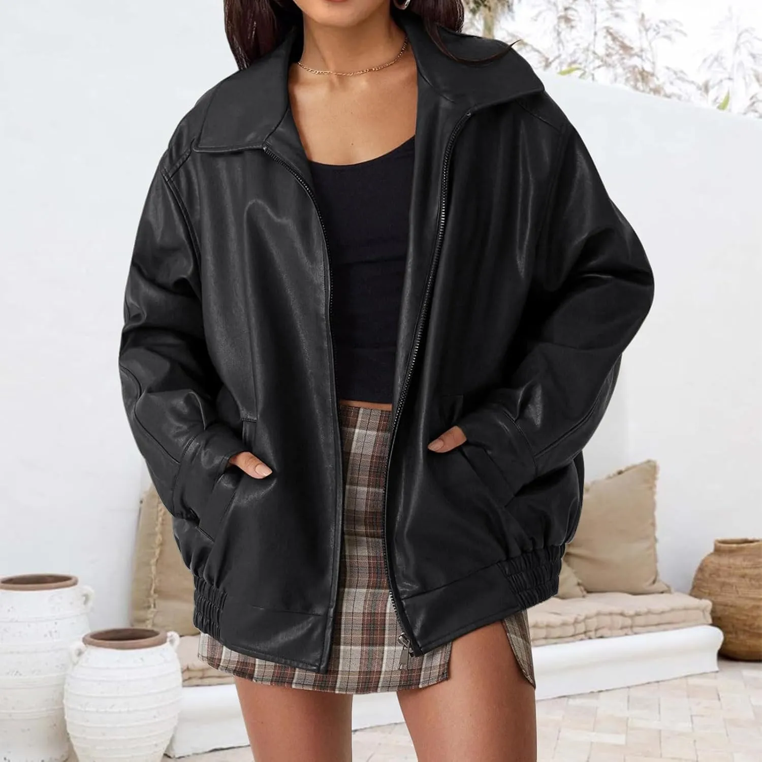 Faux Leather Jacket for Women Oversized Zipper Long Sleeve Motorcycle Bomber Jackets Moto Biker Coat Winter Outfits