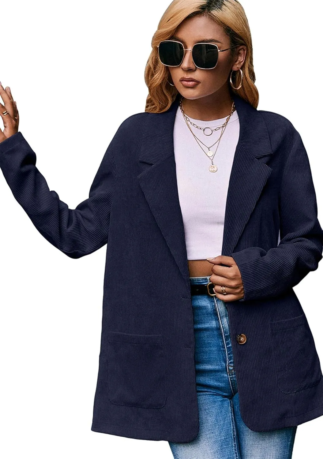 FLITAY Women's Casual Long Sleeve Lapel Blazer Slim Fit Corduroy Boyfriend Blazer