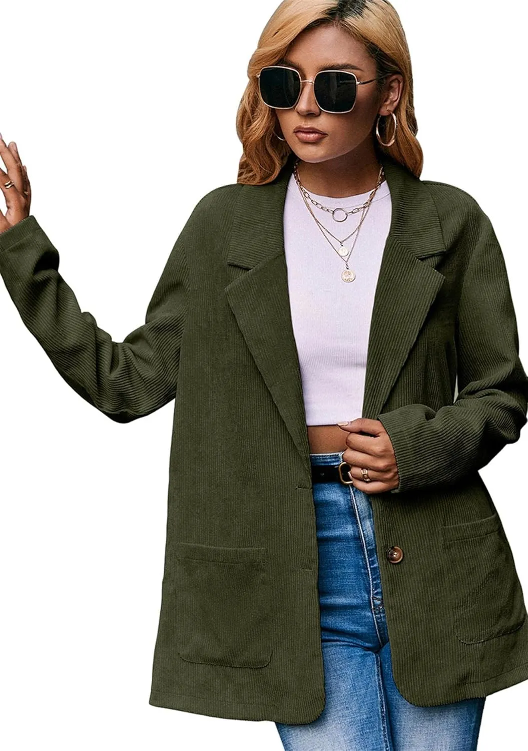 FLITAY Women's Casual Long Sleeve Lapel Blazer Slim Fit Corduroy Boyfriend Blazer