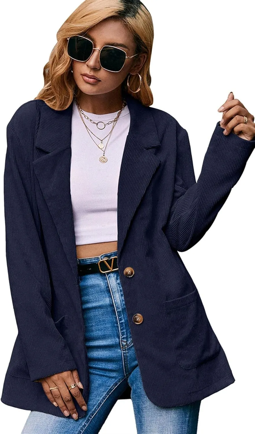 FLITAY Women's Casual Long Sleeve Lapel Blazer Slim Fit Corduroy Boyfriend Blazer