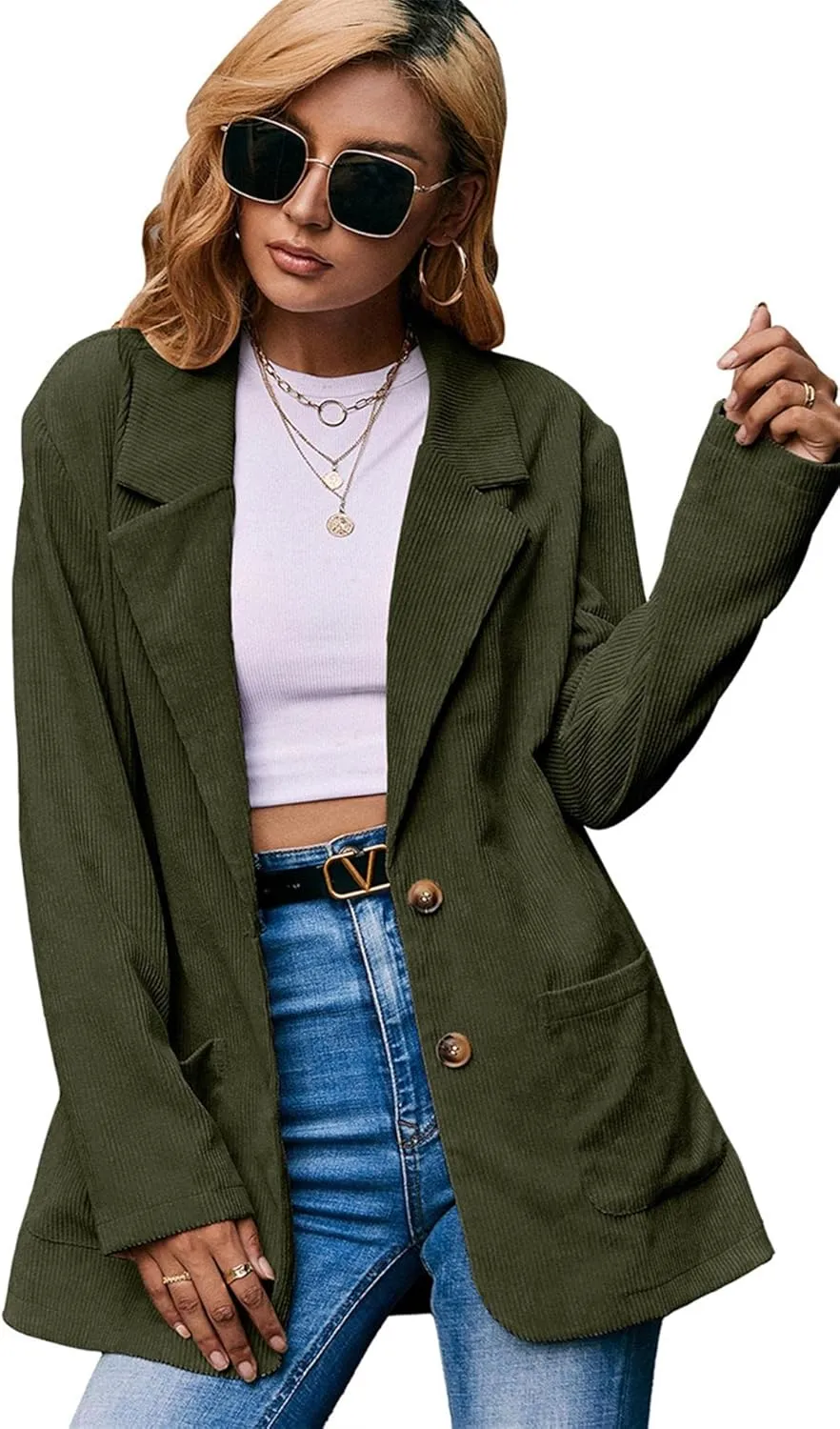 FLITAY Women's Casual Long Sleeve Lapel Blazer Slim Fit Corduroy Boyfriend Blazer