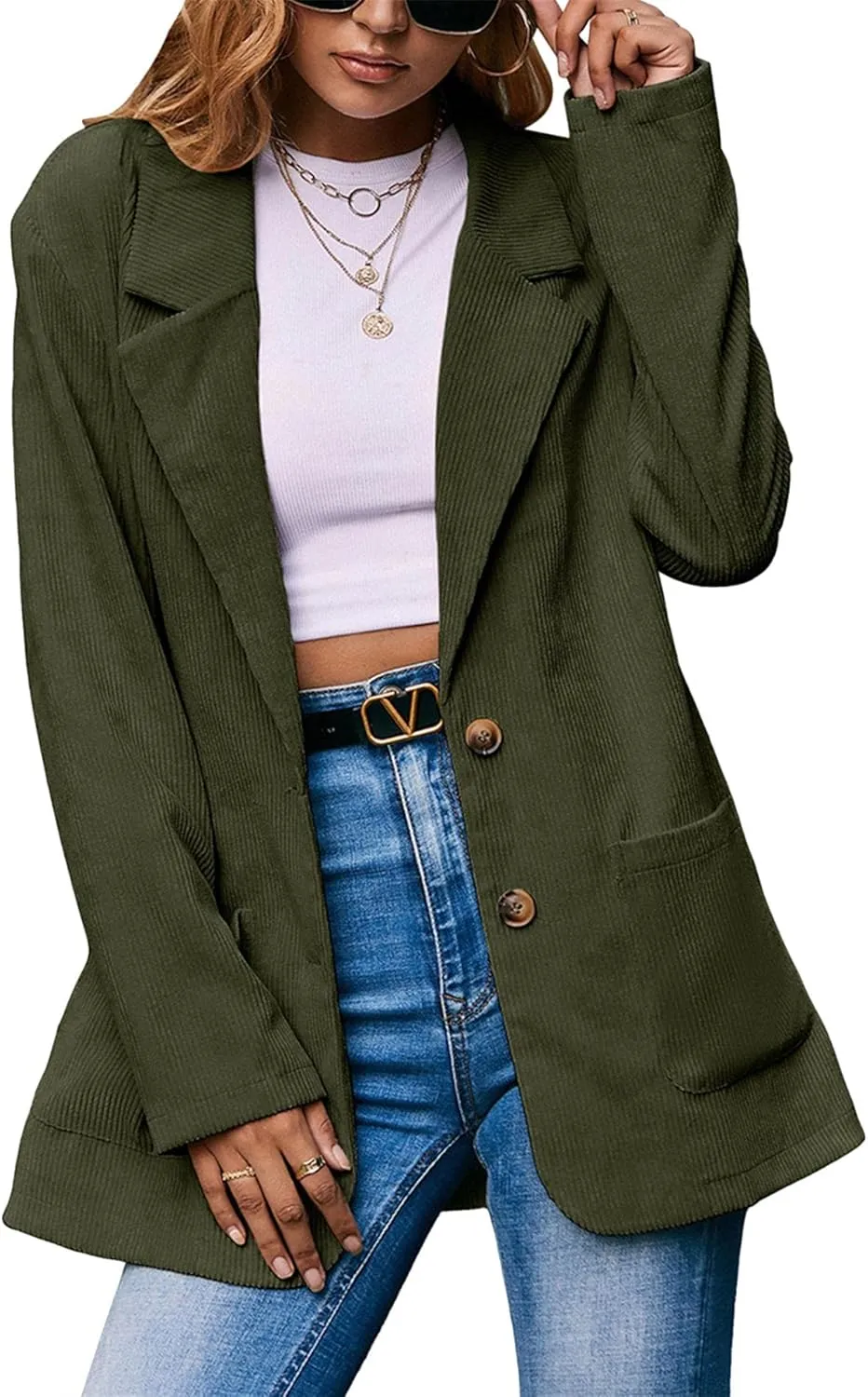 FLITAY Women's Casual Long Sleeve Lapel Blazer Slim Fit Corduroy Boyfriend Blazer