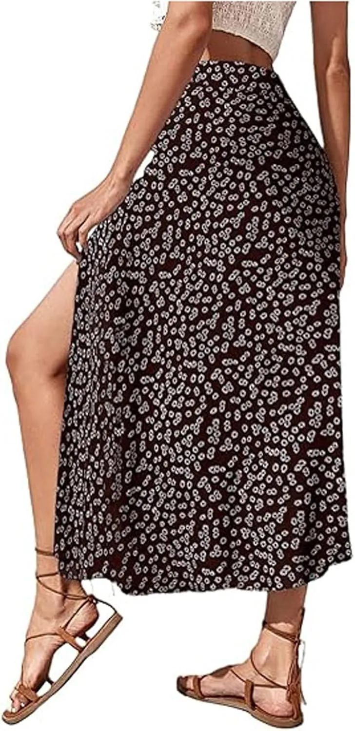 Floral Maxi Skirt for Women High Waist Side Slit Flowy Midi Skirts Boho Print 2025 Summer Vacation Beach Long Skirt